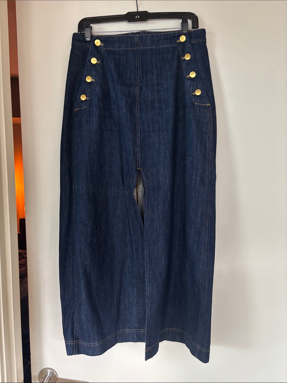 J. Crew Dark Indigo Denim Maxi Skirt with Gold Buttons